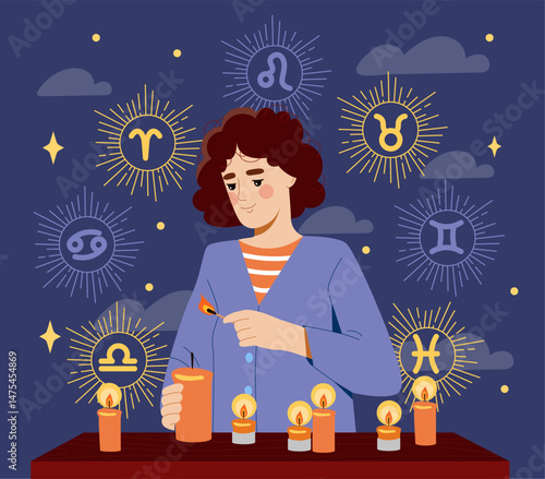 Woman lighting candles under zodiac signs on a night sky background with stars and clouds, representing astrology and spiritual rituals. Vector illustration