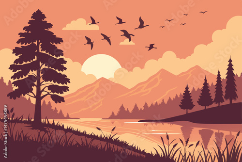 83 Sunset landscape, flock of birds in flight, silhouetted mountains, tranquil lake reflection, vibrant orange and pink sky, golden hour, serene nature scene, migratory birds, dramatic clouds, peacefu