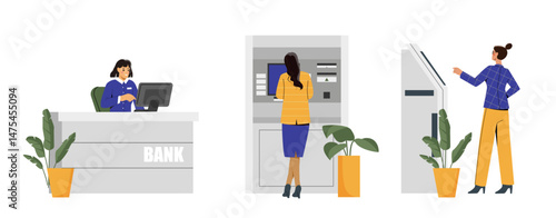 Illustration showing women using ATMs and a bank teller at the counter, flat graphic style, white background, concept of banking and financial services. Vector illustration