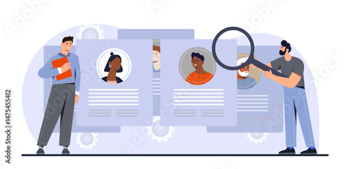 Two men analyzing resumes with magnifying glass, cartoon style on white background with gears, concept of hiring process and candidate selection. Vector illustration