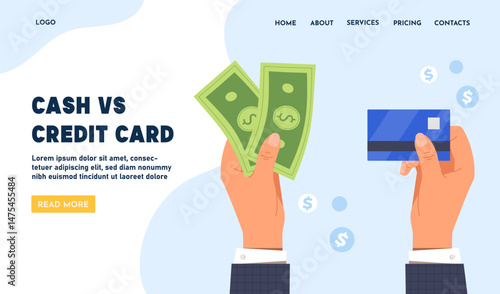 Two hands holding cash and a credit card on abstract background, flat graphic style, representing financial decision or payment method comparison. Vector illustration