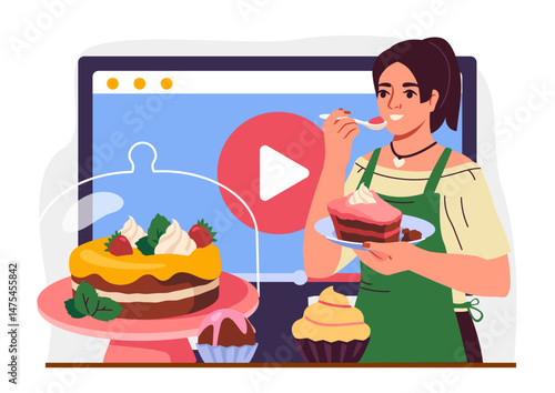 Woman in apron tasting cake while standing near computer screen with play button, surrounded by pastries and cupcakes on white background. Concept of baking tutorial. Vector illustration
