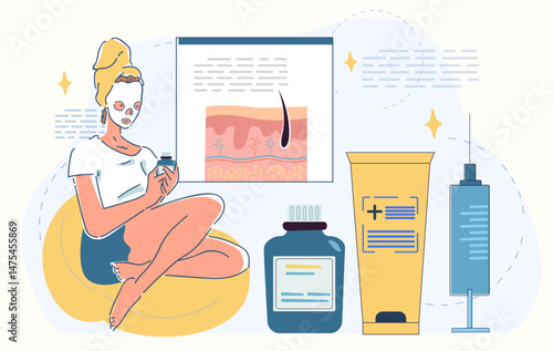 Woman with a sheet mask sits on beanbag holding skincare product, surrounded by cosmetic items, syringe, and skin cross-section chart. Vector illustration