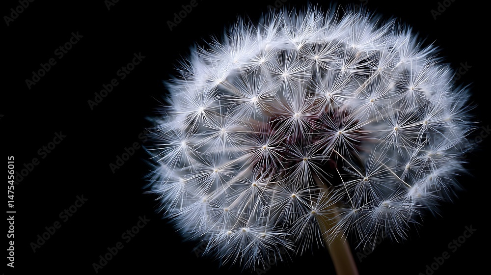 Fototapeta premium Closeup of a White Dandelion Seed Head Against a Black Background .