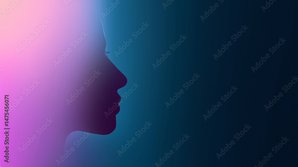 A striking profile view of a woman’s silhouette is illuminated by a blend of warm and cool colors. The gradient background creates a captivating contrast, emphasizing the strong lines of her face A striking profile view of a woman’s silhouette is illuminated by a blend of warm and cool colors. The gradient background creates a captivating contrast, emphasizing the strong lines of her face