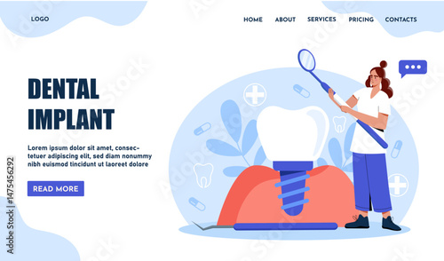 Dentist examining a large dental implant with a mirror tool, flat cartoon style, on a light background with medical icons. Concept of dental treatment. Vector illustration