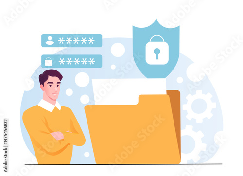 Man standing near folder with lock shield icon, password fields and gear icons in flat style on abstract background. Concept of cybersecurity and privacy. Vector illustration