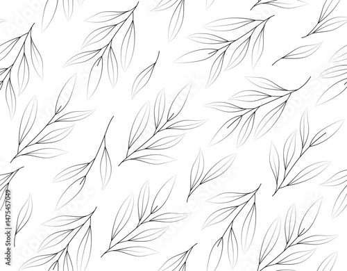 Seamless pattern of delicate black and grey leafy branches drawn in minimalist line art style on a clean white background. Concept of nature and elegance. Vector illustration