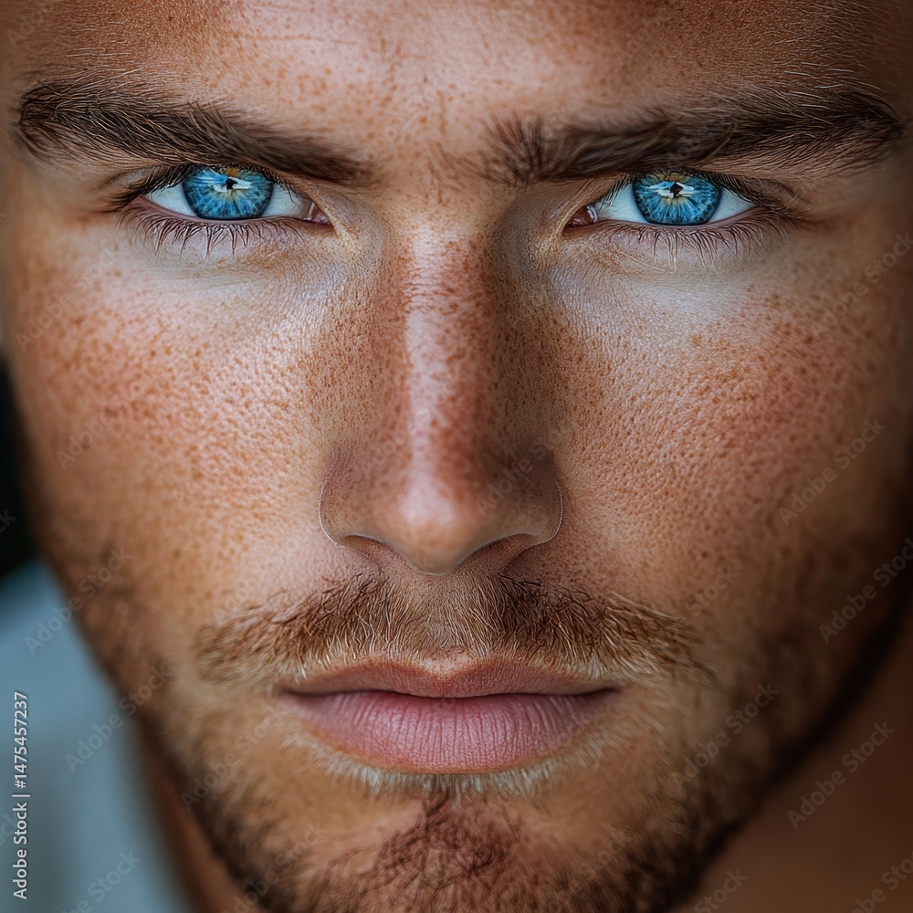 Fototapeta premium Intense Gaze: Close-Up Portrait of Handsome Male with Blue Eyes and Freckles