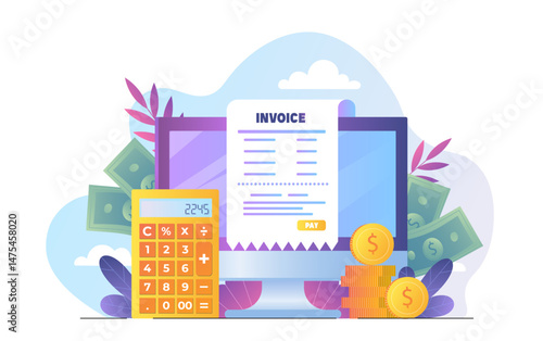 Digital invoice with calculator and coins displayed on computer screen, colorful flat style on white background. Concept of online billing and finance. Vector illustration