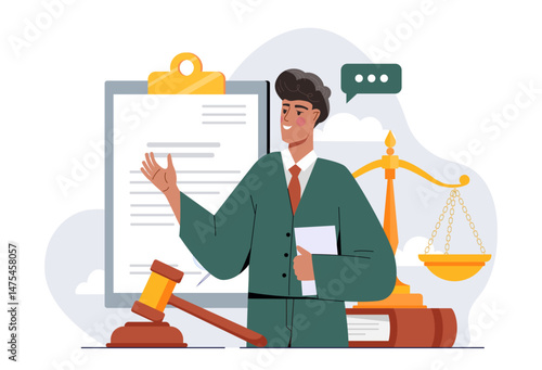 Male lawyer standing with documents, gavel, and scale, explaining legal case on clipboard background. Legal advice and justice concept. Vector illustration