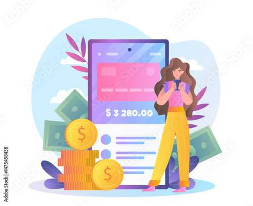 Woman using smartphone for online banking with large mobile device screen, money, and coins in background, on white backdrop. Concept of digital finance. Vector illustration