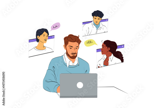 Team members engaged in a virtual meeting shown in cartoon style, each in a video call window, with speech bubbles, on a clean white background. Concept of online teamwork. Vector illustration