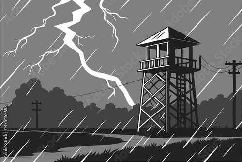 85 Storm-battered watchtower, dramatic lightning strikes, heavy rain, night scene, ominous sky, glowing light from tower, reflective wet ground, eerie atmosphere, moody lighting, cinematic composition