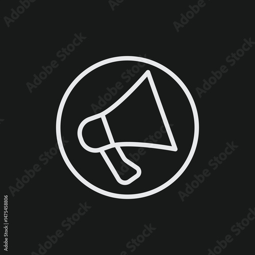 White Outline Icon of a Megaphone in a Circle on Black Background Announcement, Promotion Symbol