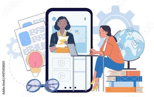 Woman learning at home using laptop and video call for online education, flat graphic style on white background, concept of remote learning. Vector illustration