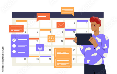 A man holding a tablet stands in front of a digital calendar with icons for events, reminders, and messages in a flat style on a white background. Concept of planning. Vector illustration