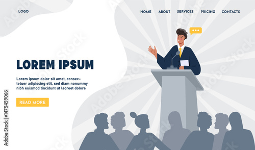 A businessman is speaking at a podium in front of an audience, flat cartoon style, on a radial light gray background. Concept of leadership and presentation. Vector illustration