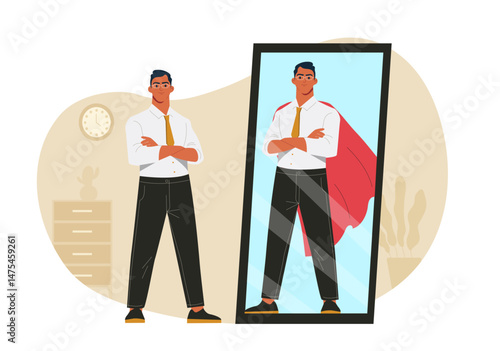 Confident man looking at his reflection in mirror where he appears as a superhero with red cape, flat style, indoor background, concept of self-esteem. Vector illustration