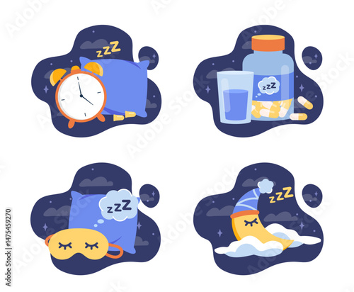 Collection of cute sleep-related icons including an alarm clock, sleeping pills, eye mask, and moon, in cartoon style on a dark night sky background. Vector illustration