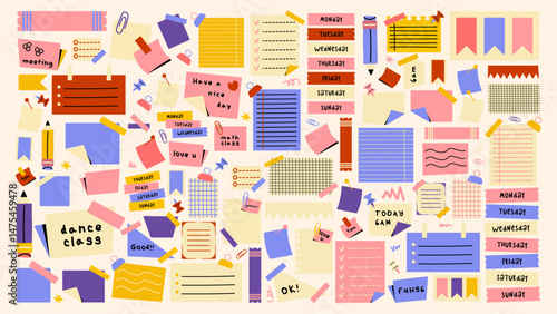 Collection of retro doodle-style paper notes and office forms — sticky reminders, notebook scraps, to-do lists, school stationery, and planner papers in vector patch set.