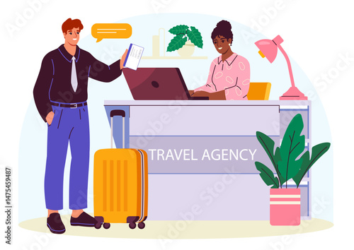 Man standing with suitcase and ticket at a travel agency counter while a woman works on a laptop, colorful flat style on white background. Concept of booking. Vector illustration