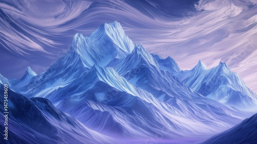Snowy silver peaks under swirling indigo skies evoke an ethereal, icy mountain calm.