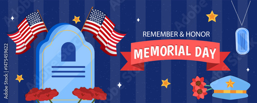 Memorial Day tribute featuring gravestone, American flags, flowers, military cap and dog tags in flat graphic style on dark starry background. Concept of honoring fallen soldiers. Vector illustration
