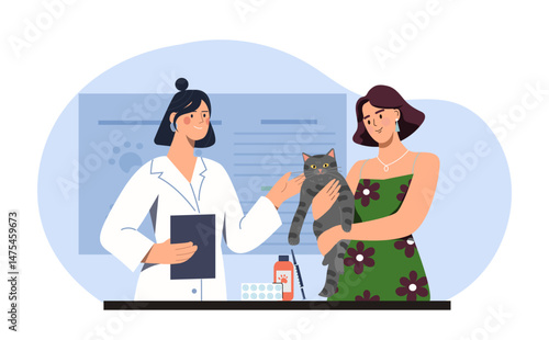 Female veterinarian and pet owner with a cat during a checkup inside a veterinary clinic, flat cartoon style on light background. Concept of animal care. Vector illustration