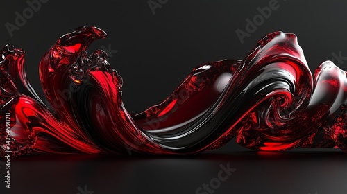 Ruby and black molten glass waves twist with drama on a dark, minimalist background.