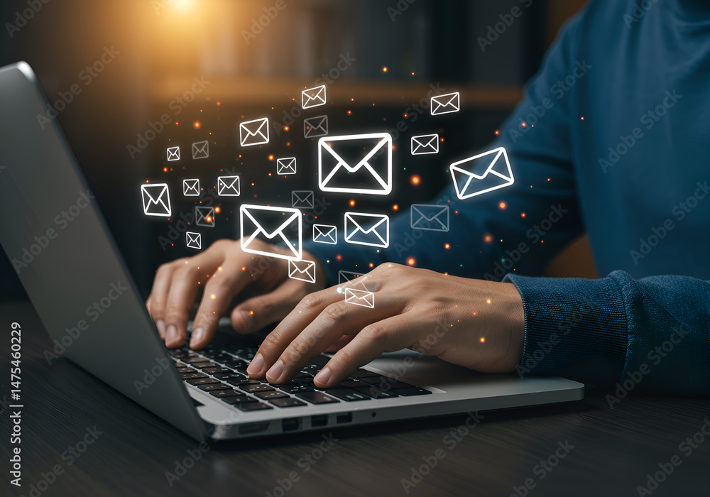 Fototapeta premium Hands typing emails on laptop with digital icons representing online messaging and communication flow