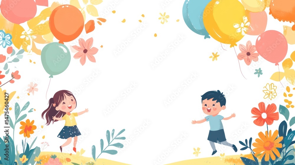 Children playing with balloons in a flower garden Children playing with balloons in a flower garden