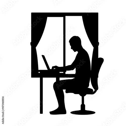 Silhouette of person working barefoot with open window, concept for casual adaptation and freedom