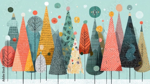 Colorful stylized Christmas trees in a winter wonderland scene.