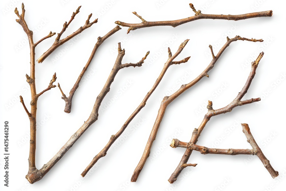 Fototapeta premium Several cut tree branches are arranged on a white surface with visible buds and textures