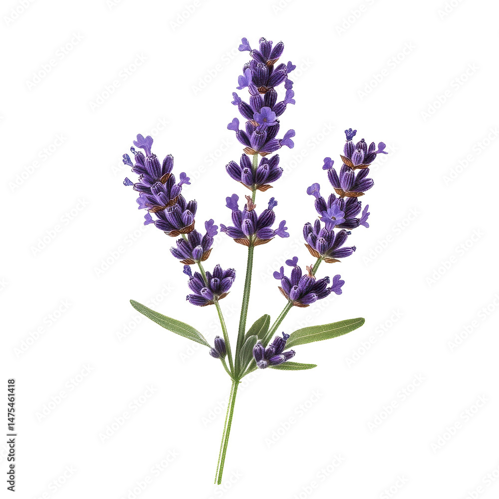Obraz premium Lavender flower isolated on Transparent background showcasing delicate purple blooms and green leaves, Lavender flower isolated on PNG background