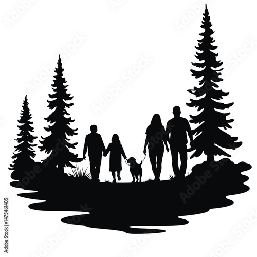 Family Silhouette Walking Dog on Glamping Trail, Outdoor Exploration and Adventure Concept