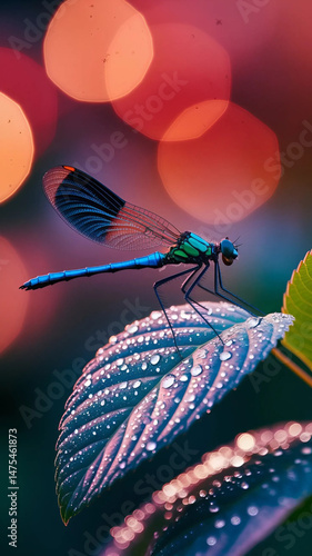 Blue dragonfly on green leaf with bokeh light background.
