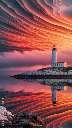 Lighthouse at sunset. Dramatic sky with red clouds reflected in water.