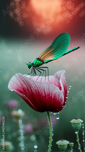 Dragonfly on a poppy flower with dew drops in the morning