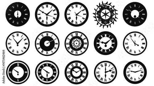 Silhouette Circle Wall Clock Classic Object Cartoon Illustration for Interior Design Projects