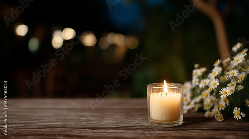 Candlelight and Daisies on Wooden Table