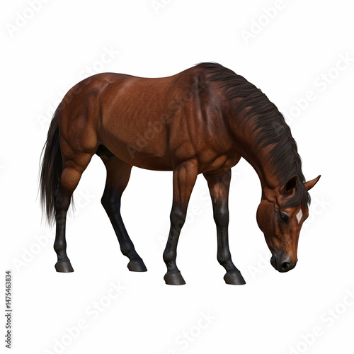 A brown horse grazing with its head down, sleek coat, strong body structure, realistic anatomy, white background, clean and clear composition