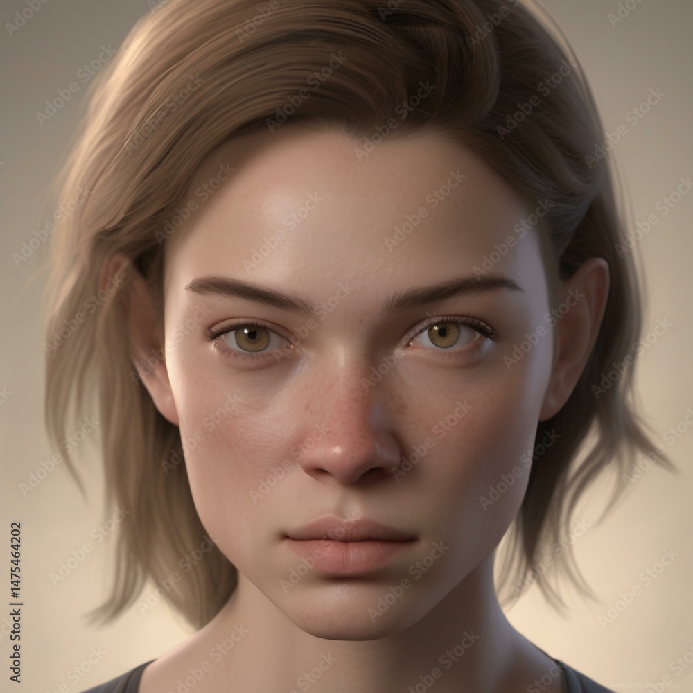 Fototapeta premium A highly detailed, hyper-realistic close-up portrait of an AI-generated human face. This digital artwork features lifelike skin textures, expressive eyes, and natural lighting.