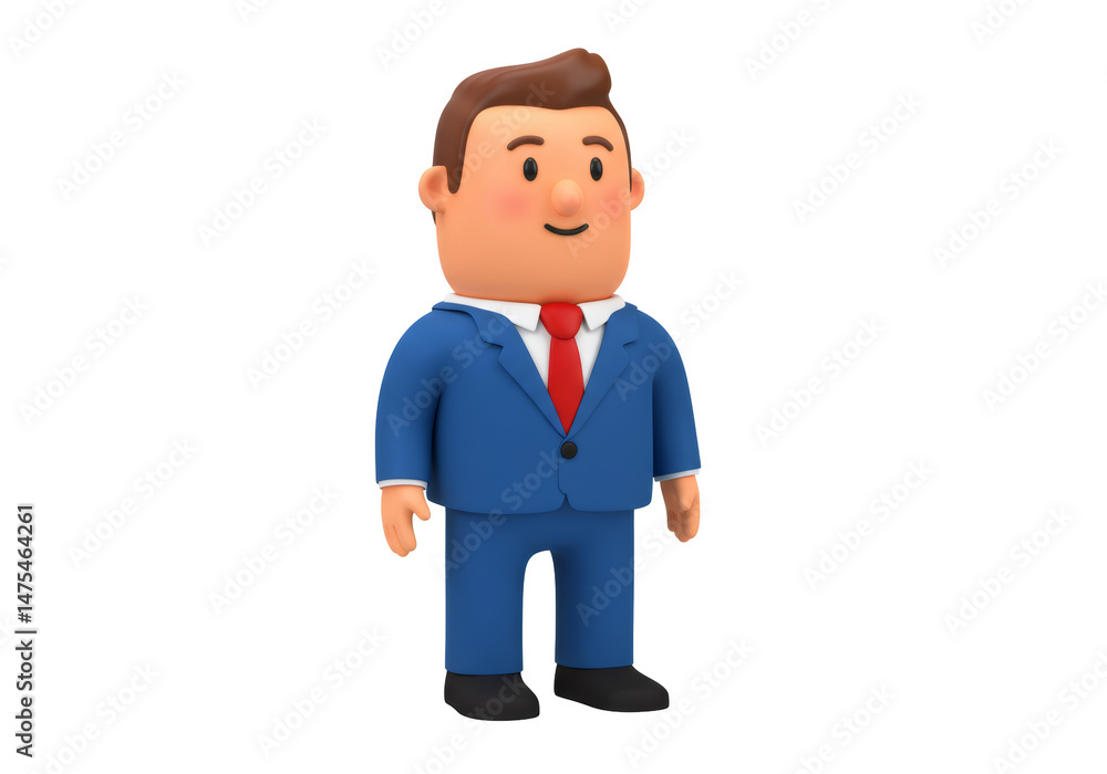 青いスーツと赤いネクタイを着た笑顔の3Dビジネスマンキャラクターが透明な背景に立つ 青いスーツと赤いネクタイを着た笑顔の3Dビジネスマンキャラクターが透明な背景に立つ