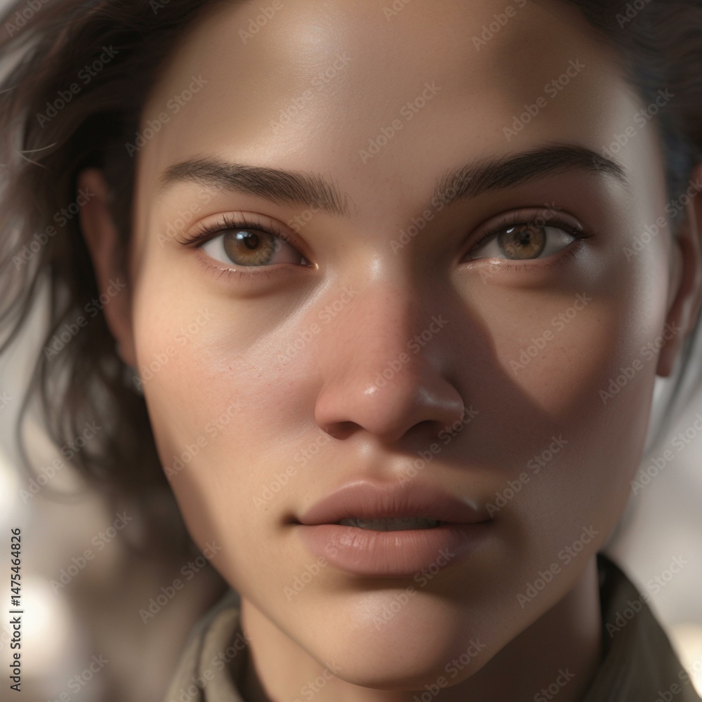 Fototapeta premium A highly detailed, hyper-realistic close-up portrait of an AI-generated human face. This digital artwork features lifelike skin textures, expressive eyes, and natural lighting.
