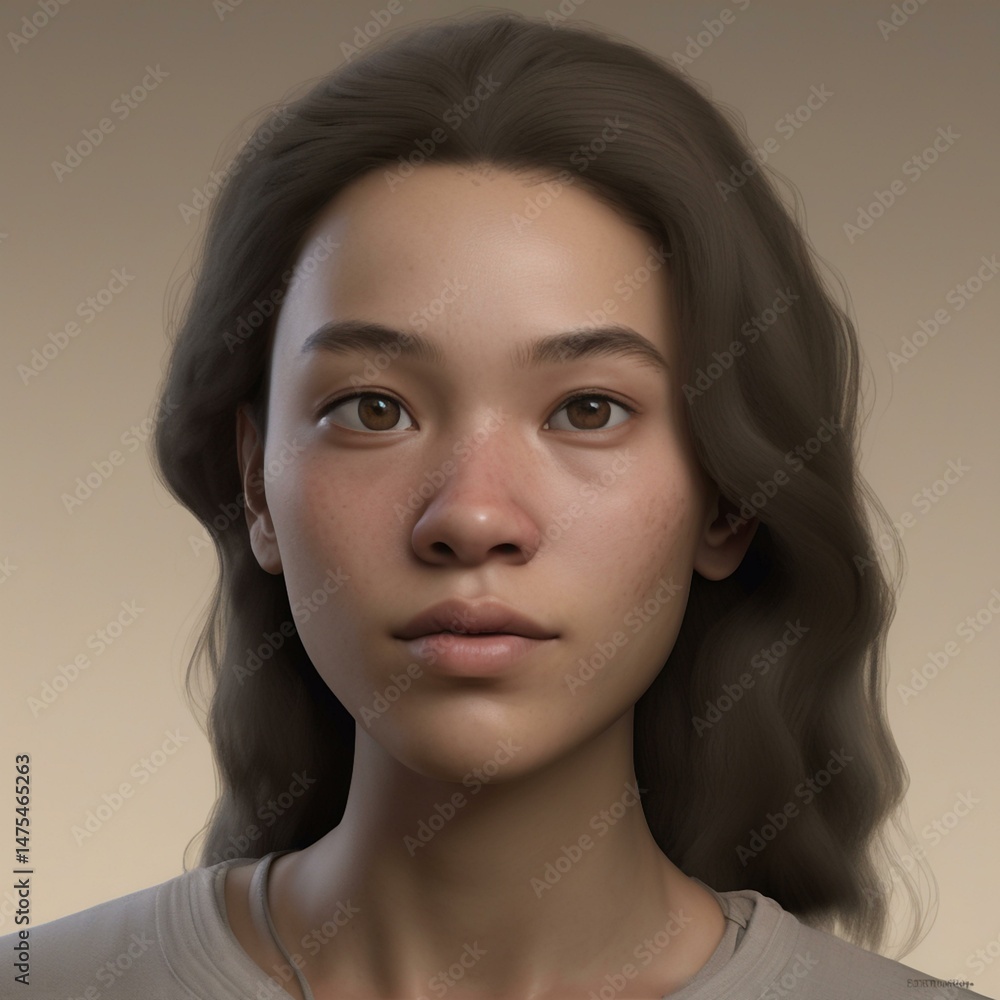 Naklejka premium A highly detailed, hyper-realistic close-up portrait of an AI-generated human face. This digital artwork features lifelike skin textures, expressive eyes, and natural lighting.