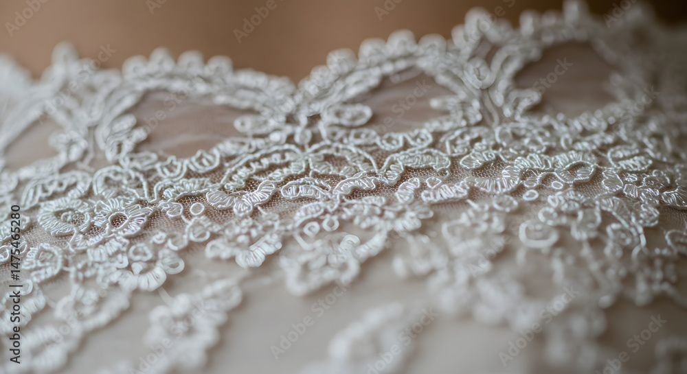 Obraz premium Detailed Close-Up of Elegant White Lace Wedding Dress Textile Abstract Design Highlighting Intricate Patterns and Craftsmanship Representing Beauty, Purity, Elegance and Sophistication on Wedding Day