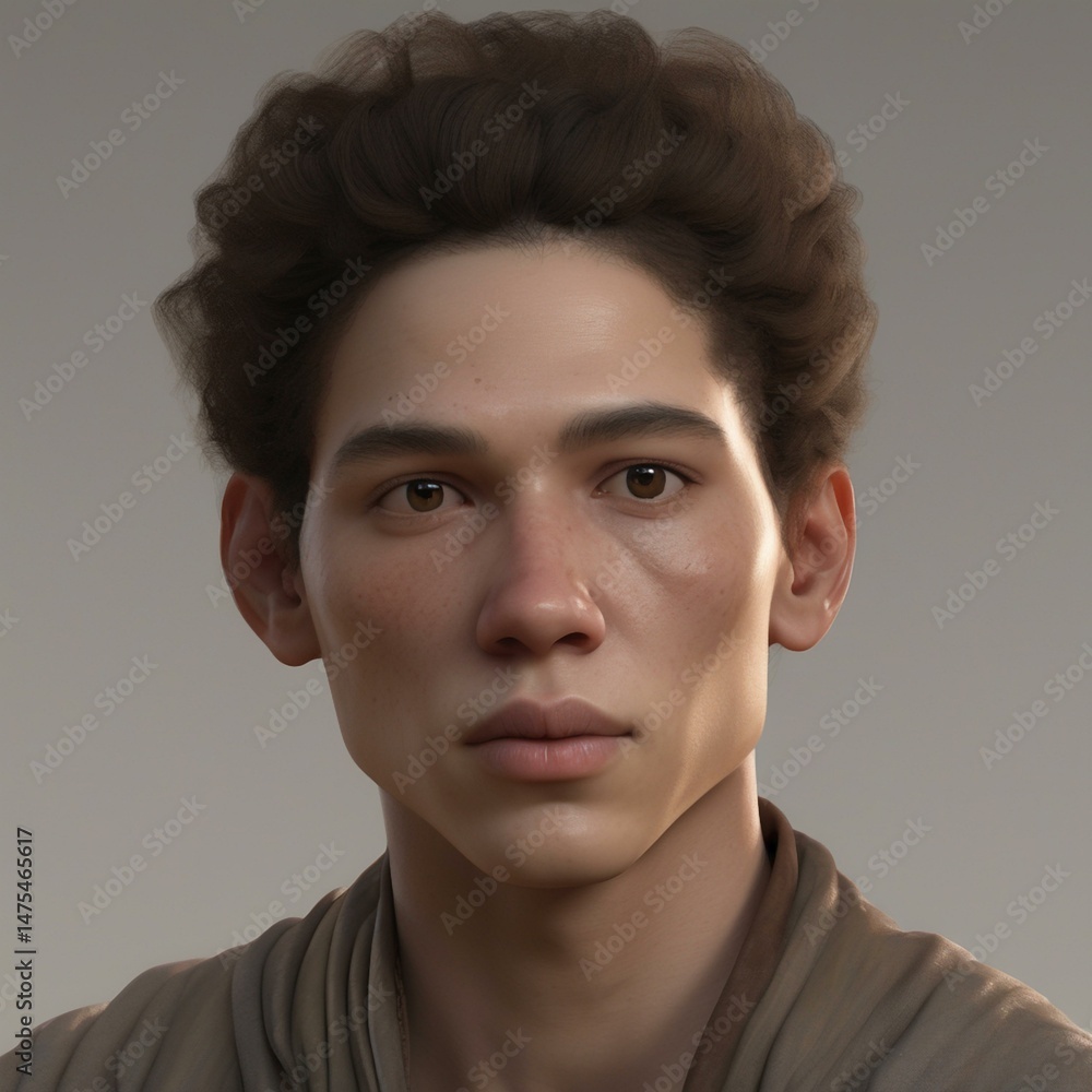 Fototapeta premium A highly detailed, hyper-realistic close-up portrait of an AI-generated human face. This digital artwork features lifelike skin textures, expressive eyes, and natural lighting.
