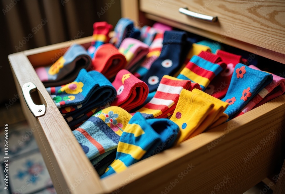 Fototapeta premium Colorful socks neatly arranged in a wooden drawer, showcasing vibrant patterns